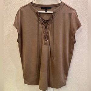 White House Black Market XS toasted brown short-sleeve top lace-up
